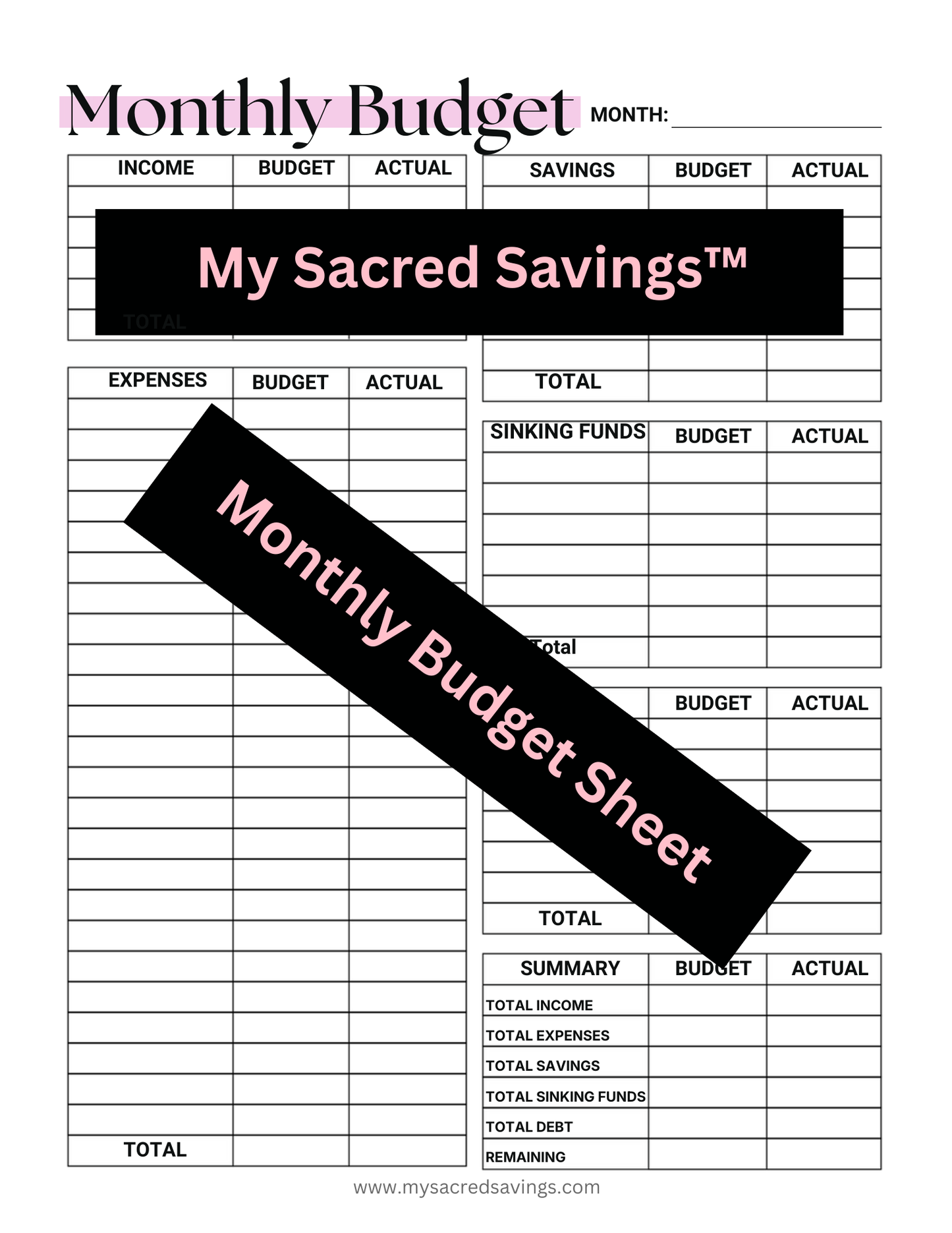 Monthly Budget Sheet- Printable