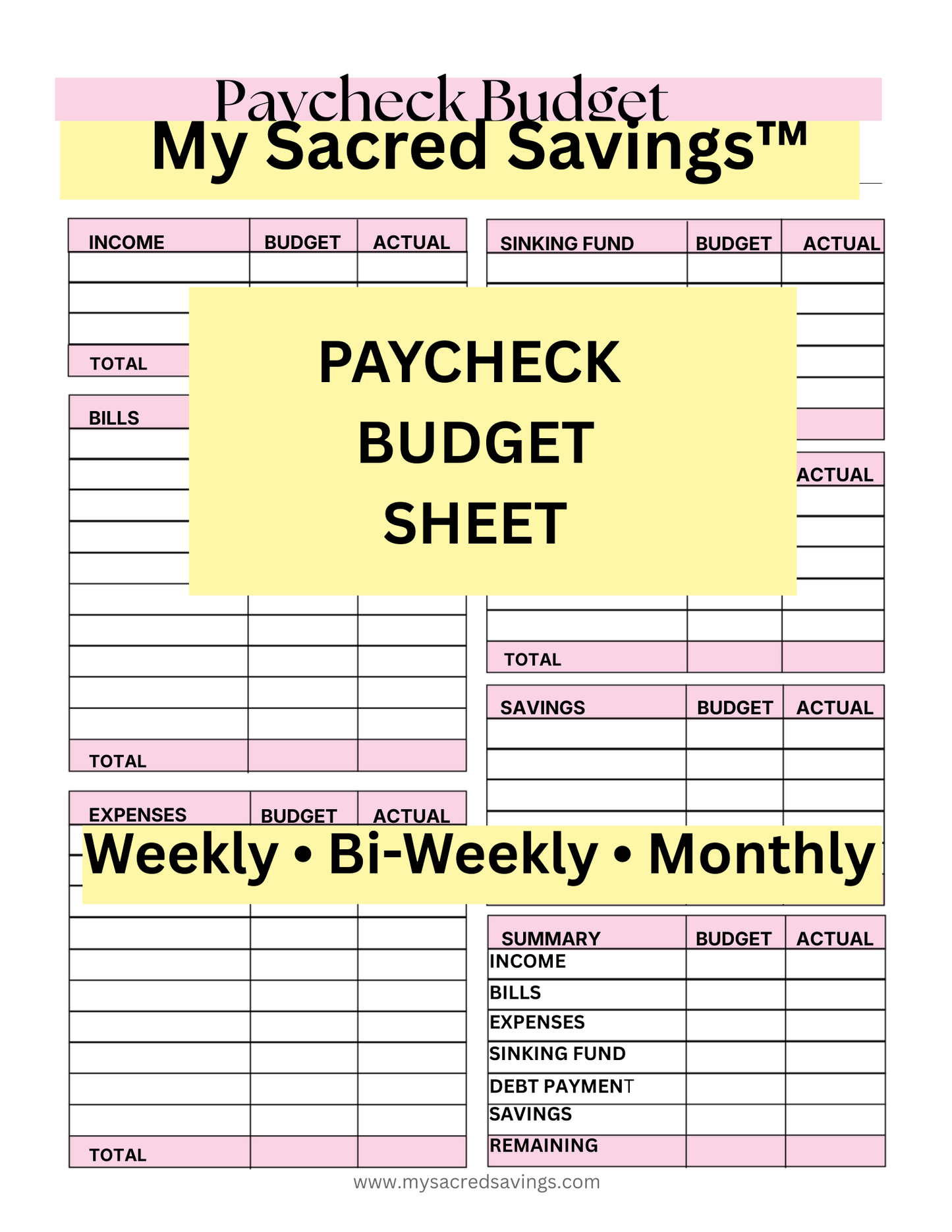 Paycheck Budget Sheet Printable | Weekly, Bi-Weekly & Monthly