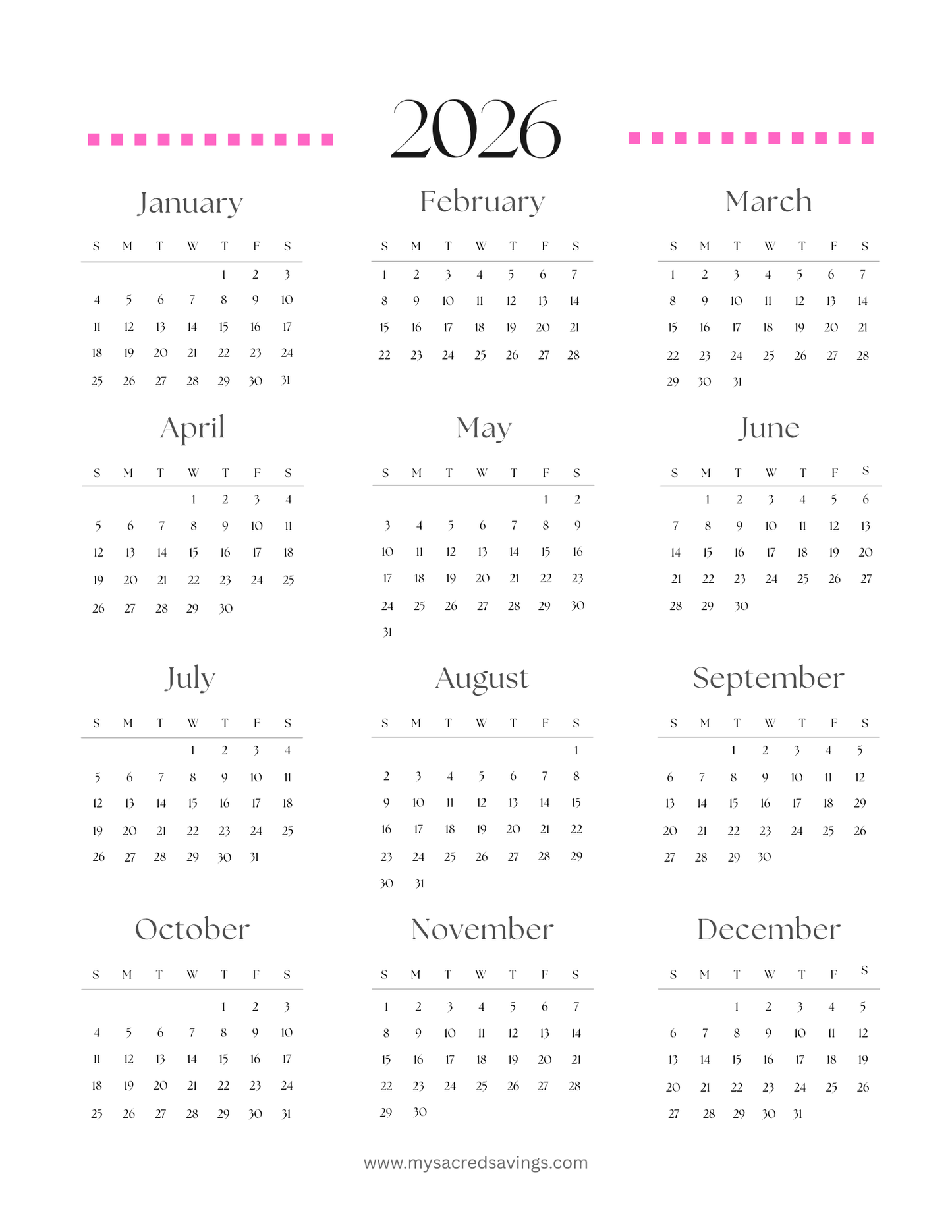 2026 Yearly Calendar Printable | Letter Size Annual Calendar | Digital Download