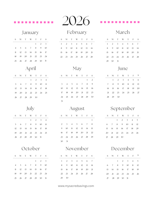 2026 Yearly Calendar Printable | Letter Size Annual Calendar | Digital Download