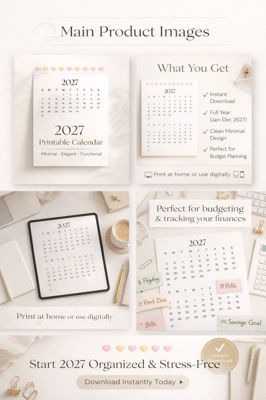 2027 Printable Calendar | Minimal Budget Planner Calendar | Instant Download | Yearly Calendar PDF