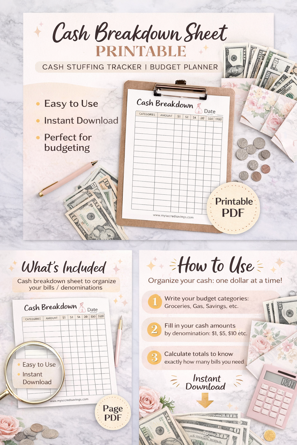 Cash Breakdown Sheet Printable | Cash Stuffing Tracker | Budget Planner PDF