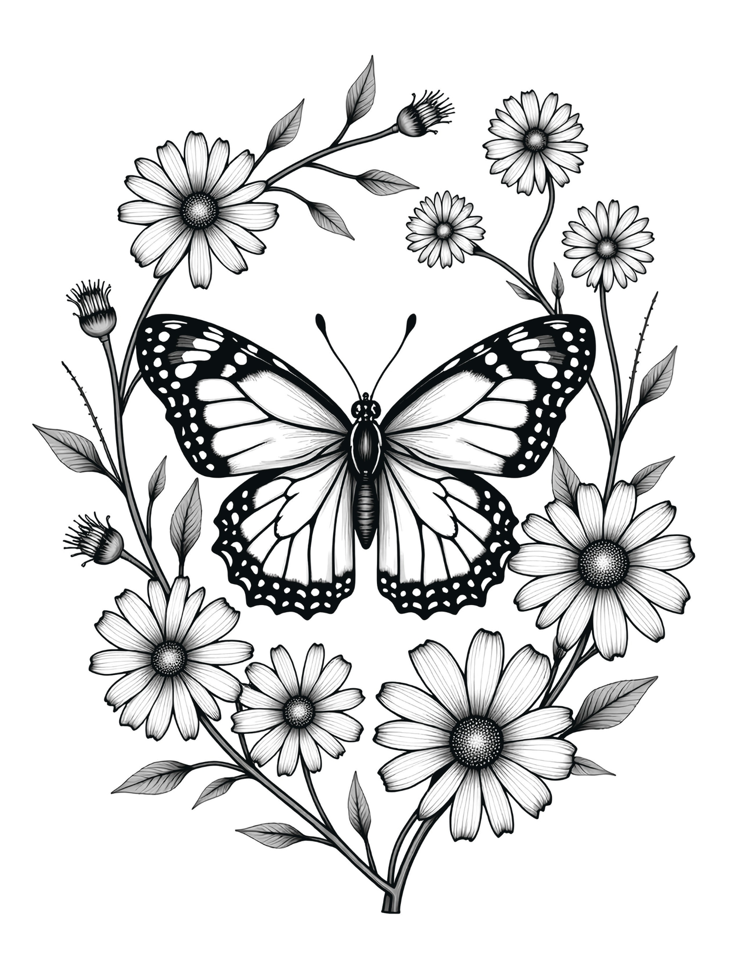 Floral Butterfly Coloring Book – 26 Pages, Letter Size, Digital Download