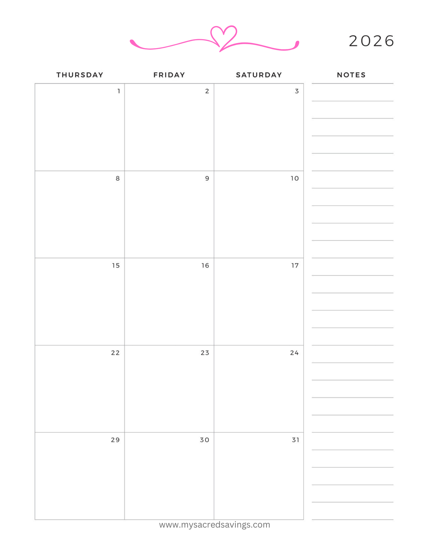 2026 Monthly Calendar Printable | 12 Month Planner | 2 Page Layout | Letter Size PDF