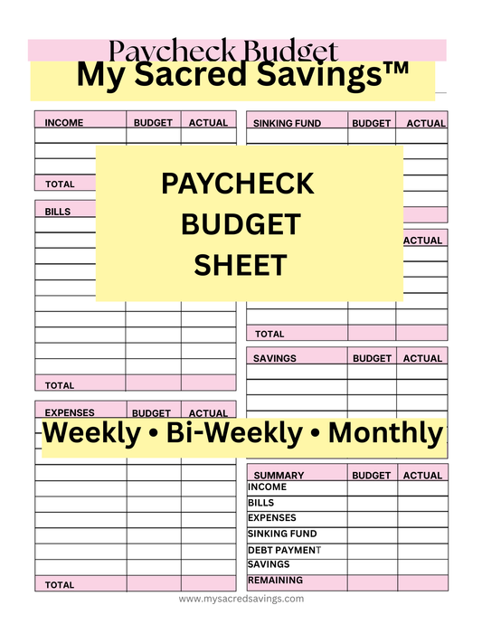 Paycheck Budget Sheet Printable | Weekly, Bi-Weekly & Monthly